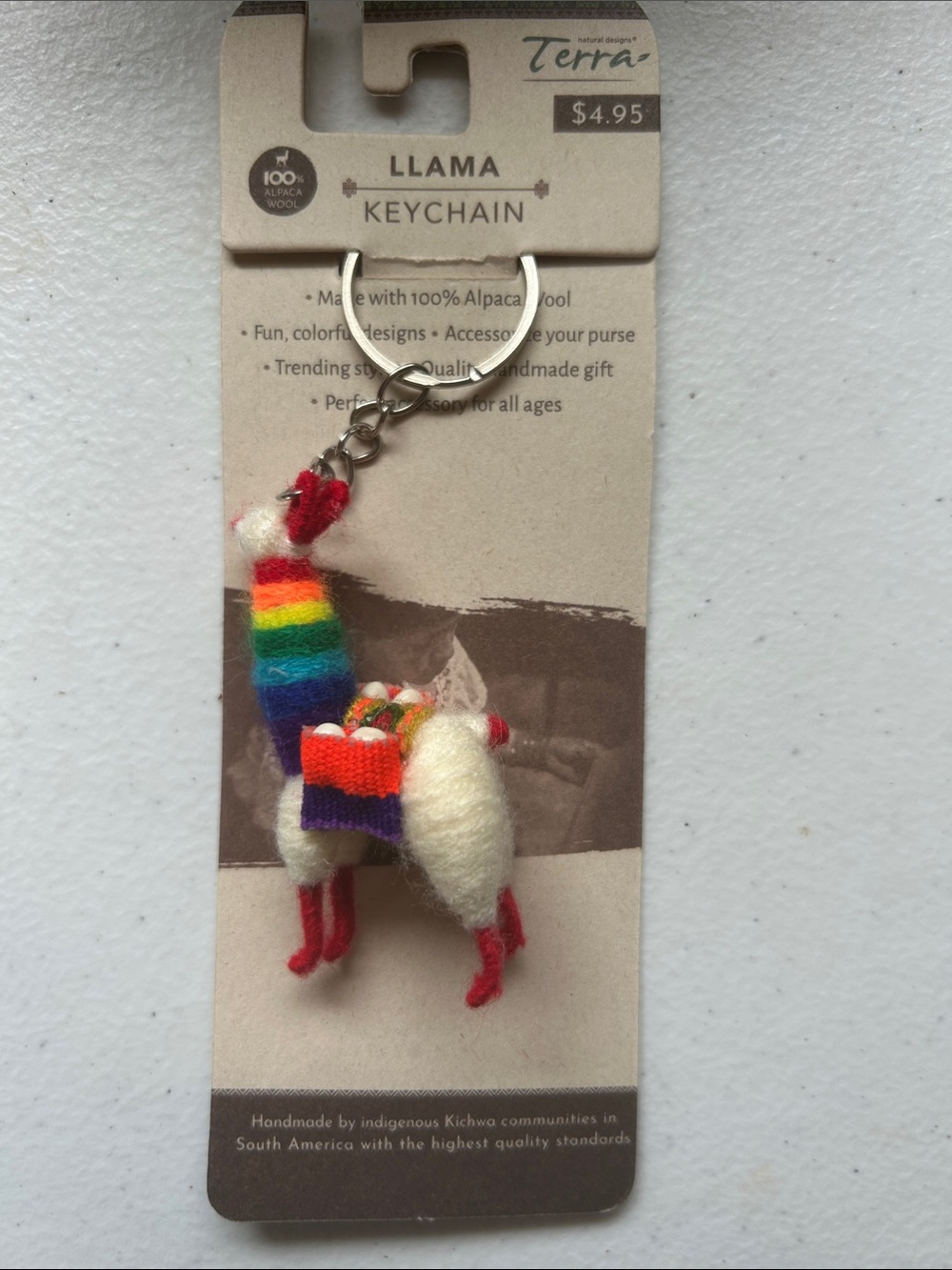 Terra Llama Keychain with Rainbow Saddle